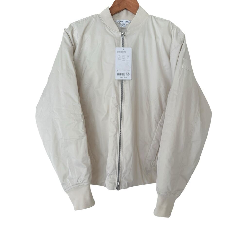Athleta Satin Bomber Jacket Women’s Large Cream White Zip Lightweight NWT